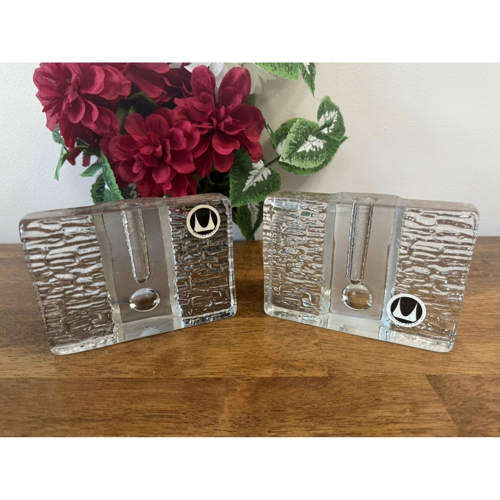 Walther Design Glass Candle Holders – Textured Block Art Glass Pair Retro Modern